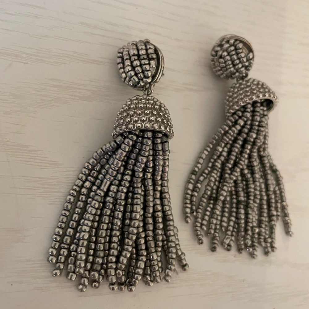 Gray bauble bar tassel earrings